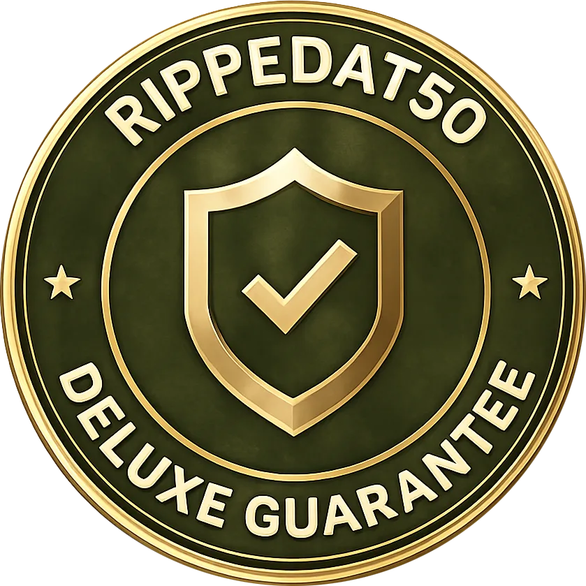 Satisfaction guarantee badge for the RIPPEDAT50 Deluxe course