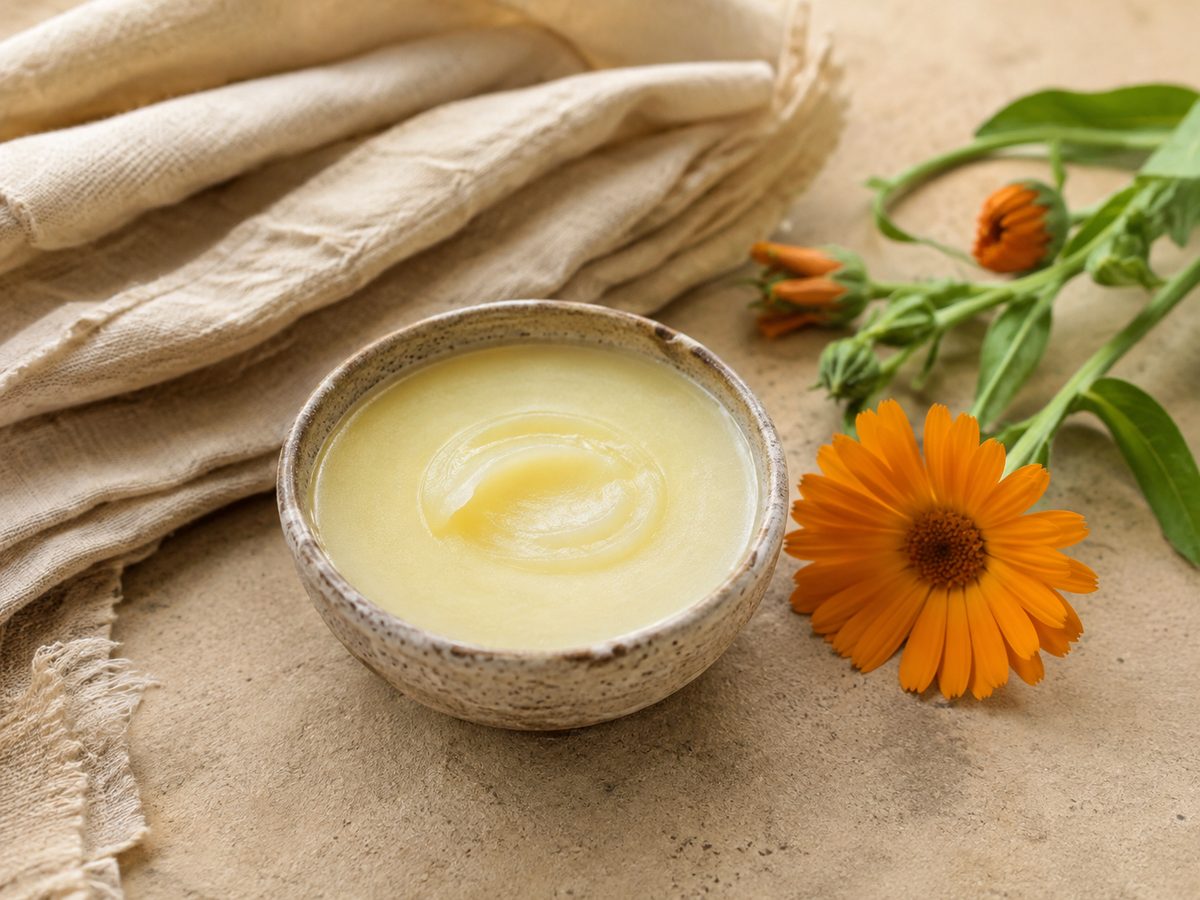 A small ceramic bowl of pale balm on a stone surface beside folded linen cloth and fresh orange calendula flowers