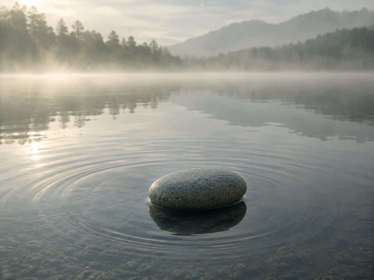 Anxiety: What It Is, Why Some People Get It, and How to Work With It Naturally A smooth grey stone resting in still lake water, sending concentric ripples outward, with morning mist and forested mountains behind