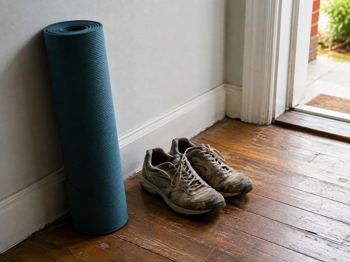 A rolled exercise mat leaning against a wall beside a pair of well-worn walking shoes on wooden floorboards by an open door