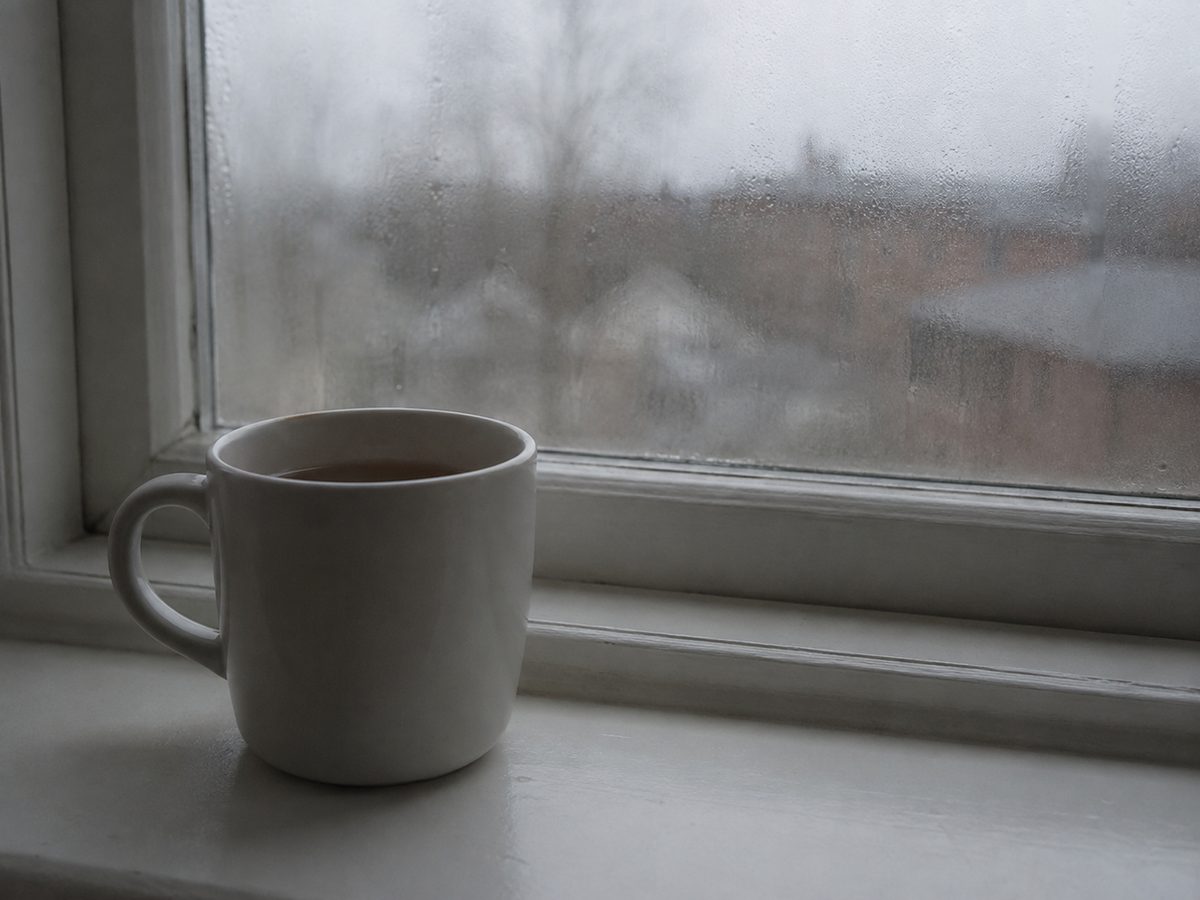 A plain white mug of tea sitting untouched on a windowsill beside a condensation-covered window on a grey afternoon