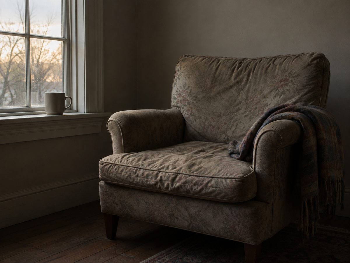 Chronic Stress: What It Is, Why Some People Get Stuck In It, and How to Support Your Nervous System Naturally A worn floral armchair beside a window at dusk, a blanket draped over one arm and a plain mug on the windowsill