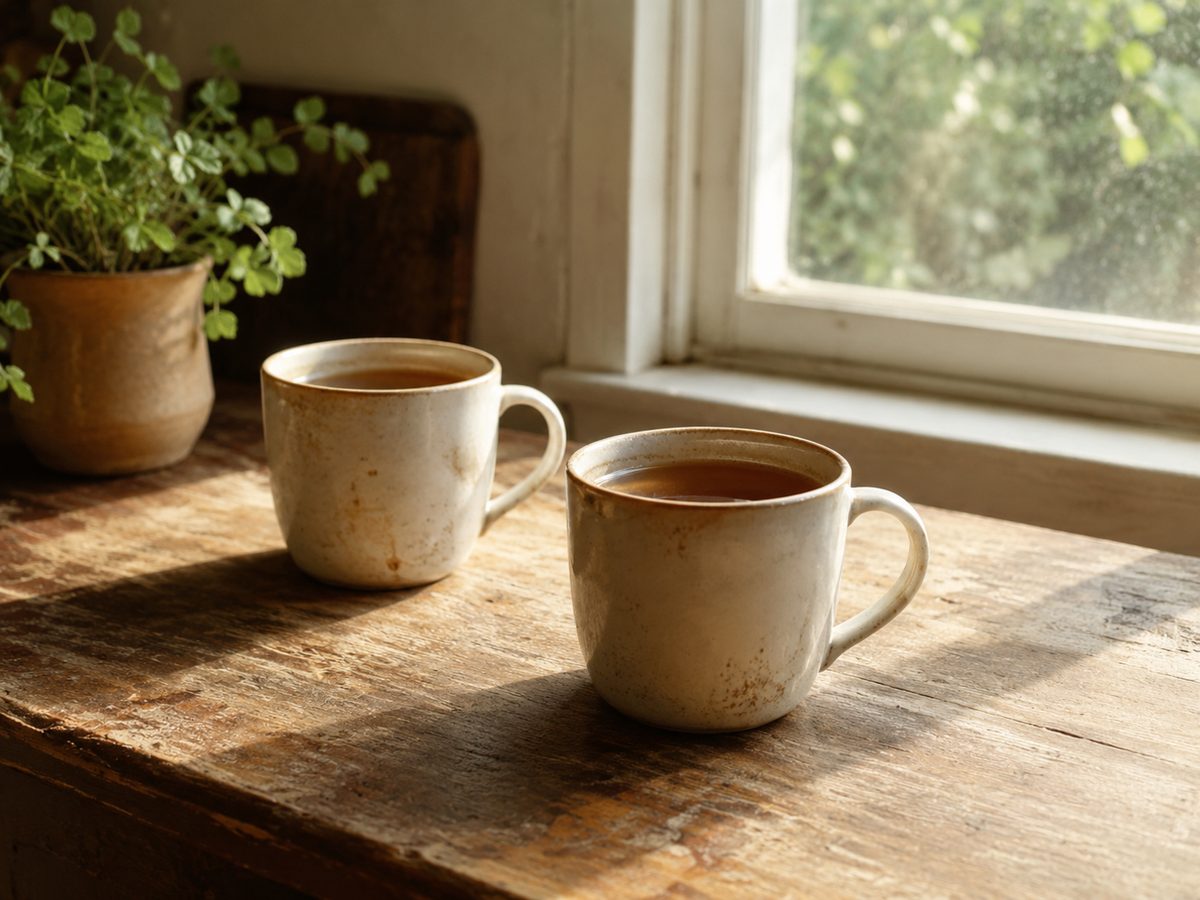 Two used ceramic mugs of tea on a worn wooden table beside a sunlit window, with a potted plant behind them
