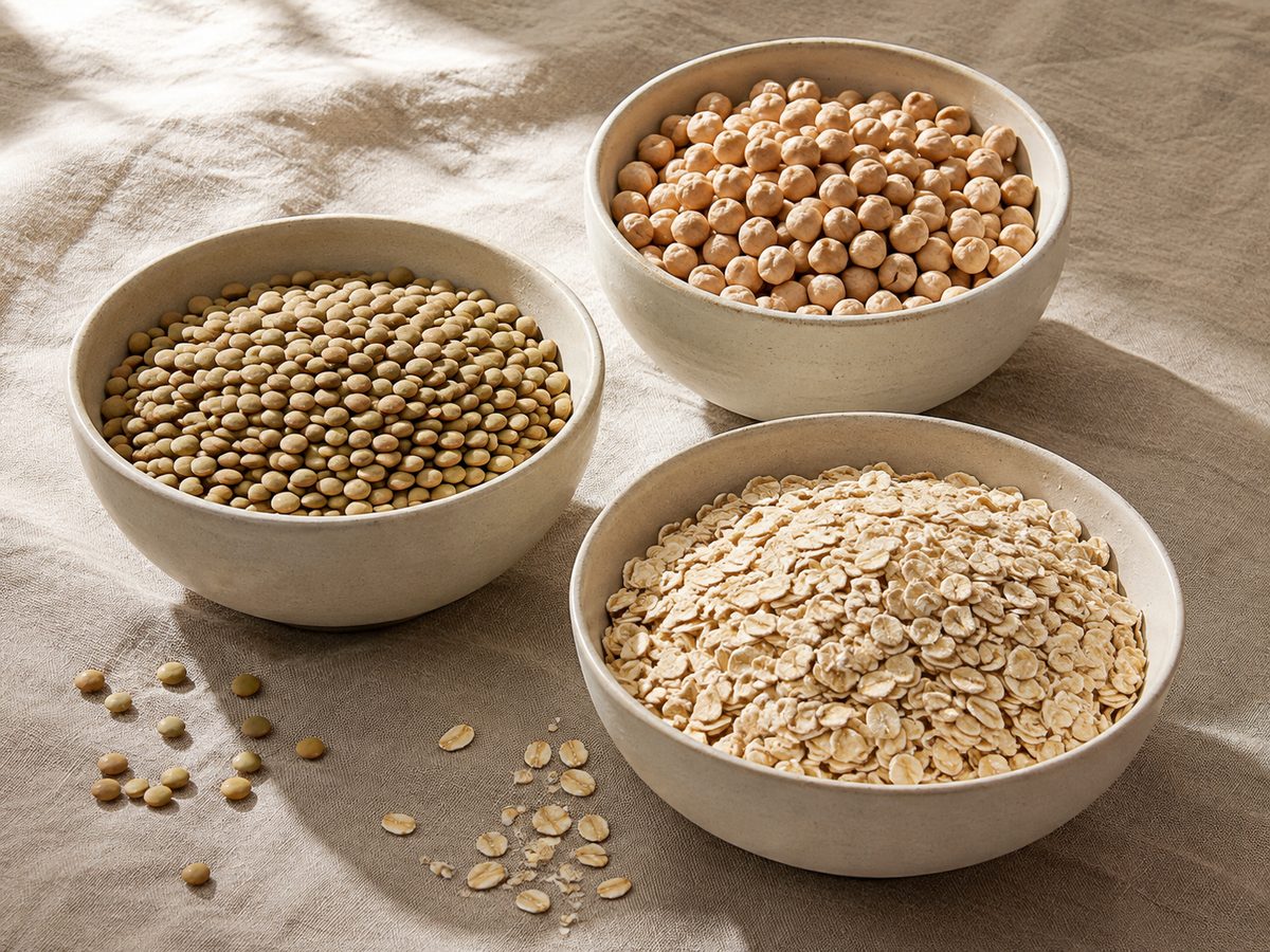 Three ceramic bowls of dried green lentils, chickpeas and rolled oats on a linen cloth, with a few grains scattered beside them