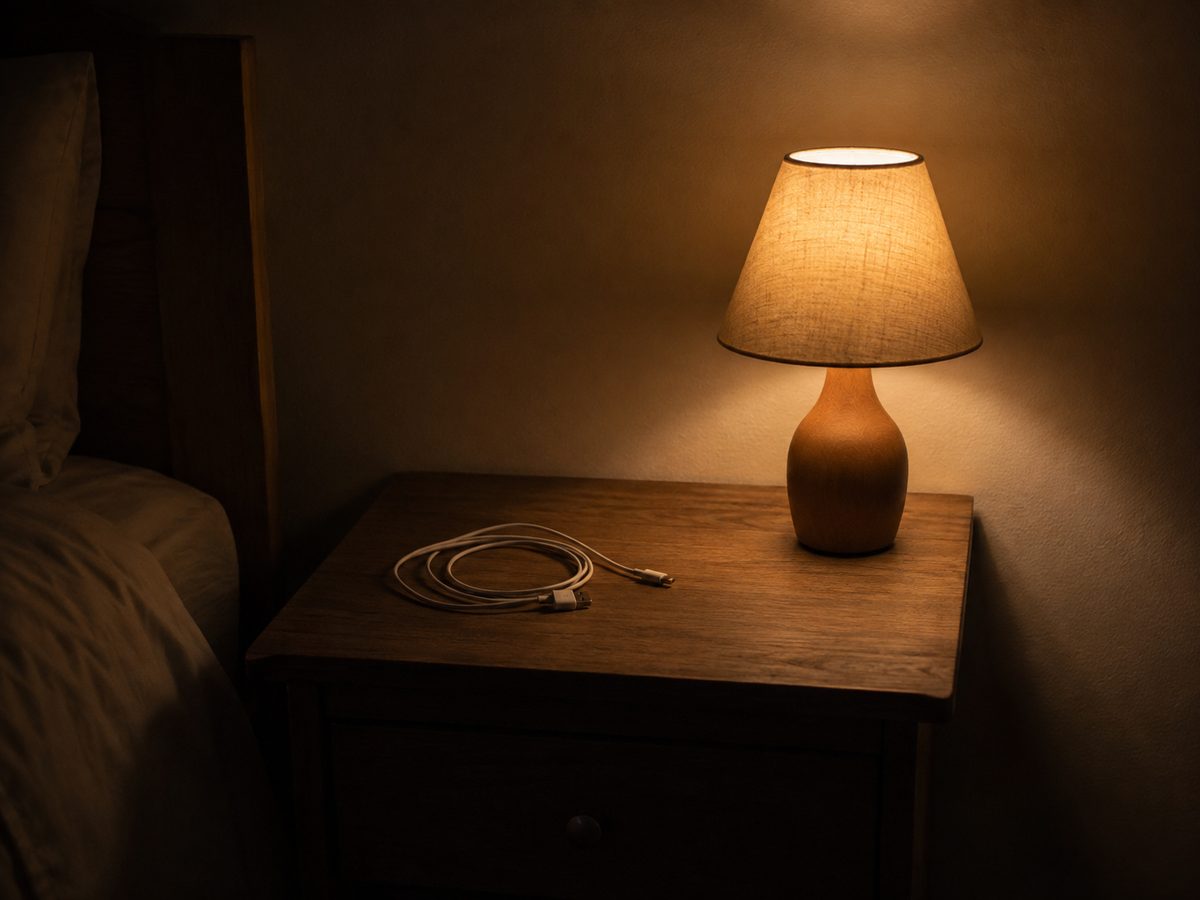 A wooden bedside table at night lit by a warm lamp, with a coiled charging cable lying on it and no phone attached