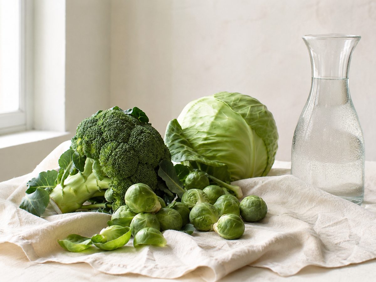 Broccoli, a green cabbage and Brussels sprouts on a crumpled linen cloth beside a glass carafe of water