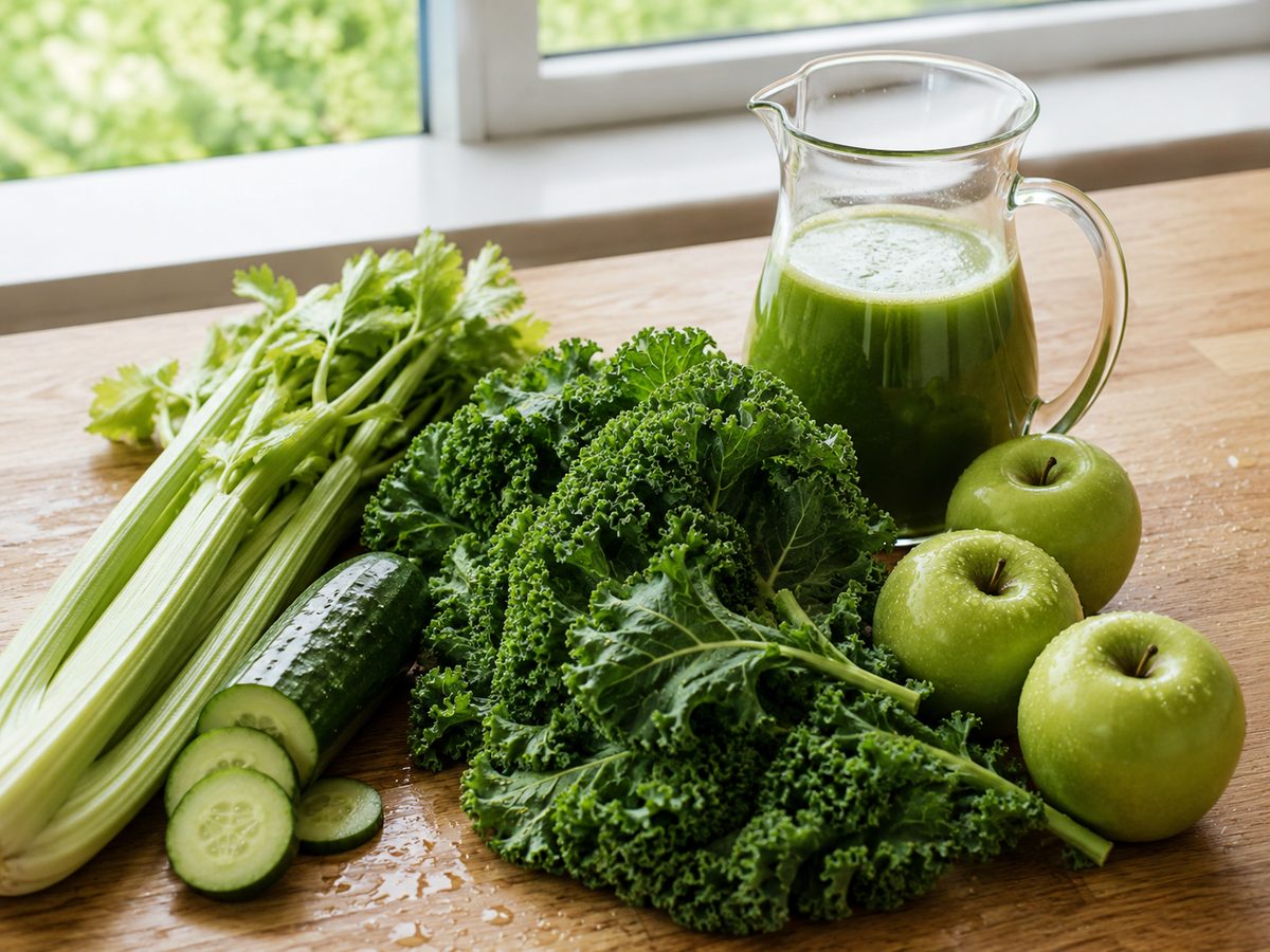 Celery, cucumber, kale and green apples on a wooden counter beside a glass jug of fresh green juice, next to a window