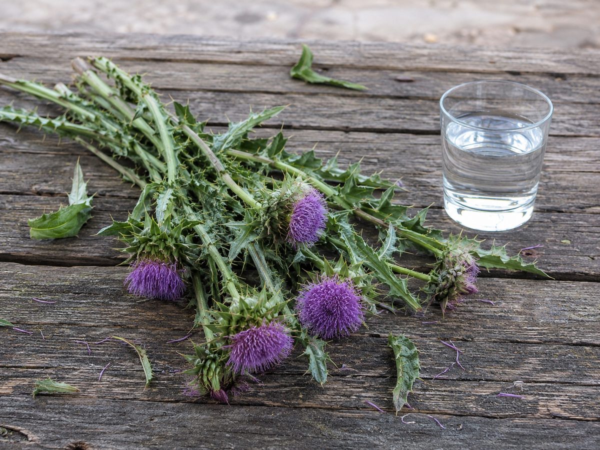 A bundle of fresh milk thistle stems with purple flower heads lying on a weathered wooden table beside a glass of water
