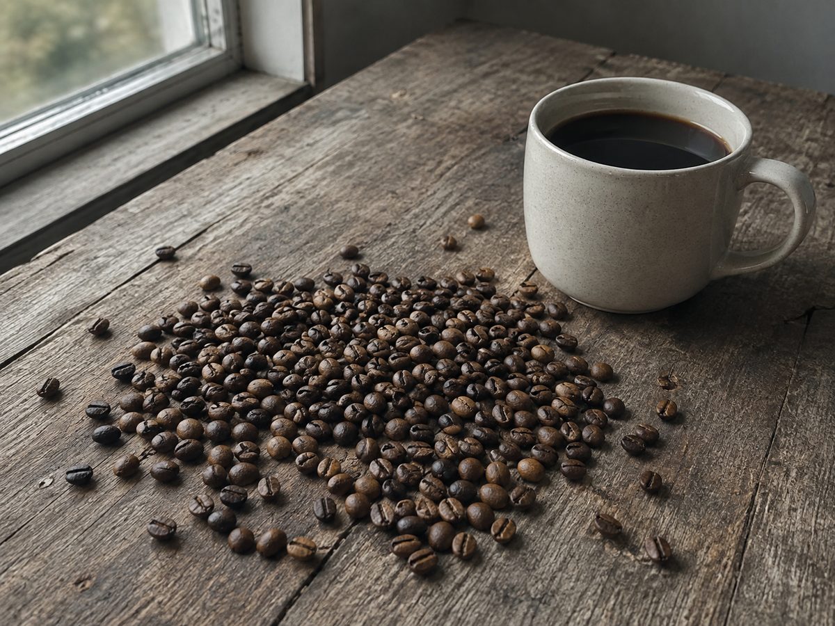 Why Your Coffee Might Be a Mold Problem You’ve Never Considered Roasted coffee beans of uneven colour scattered across a weathered wooden table beside a plain ceramic cup of black coffee, next to a window