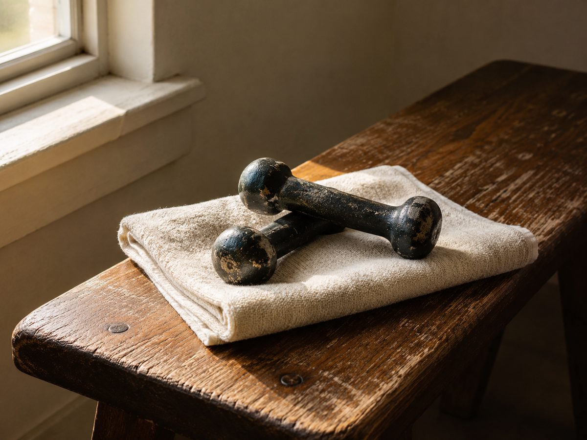 A pair of worn cast-iron hand weights resting on a folded cotton towel on a weathered wooden bench beside a window