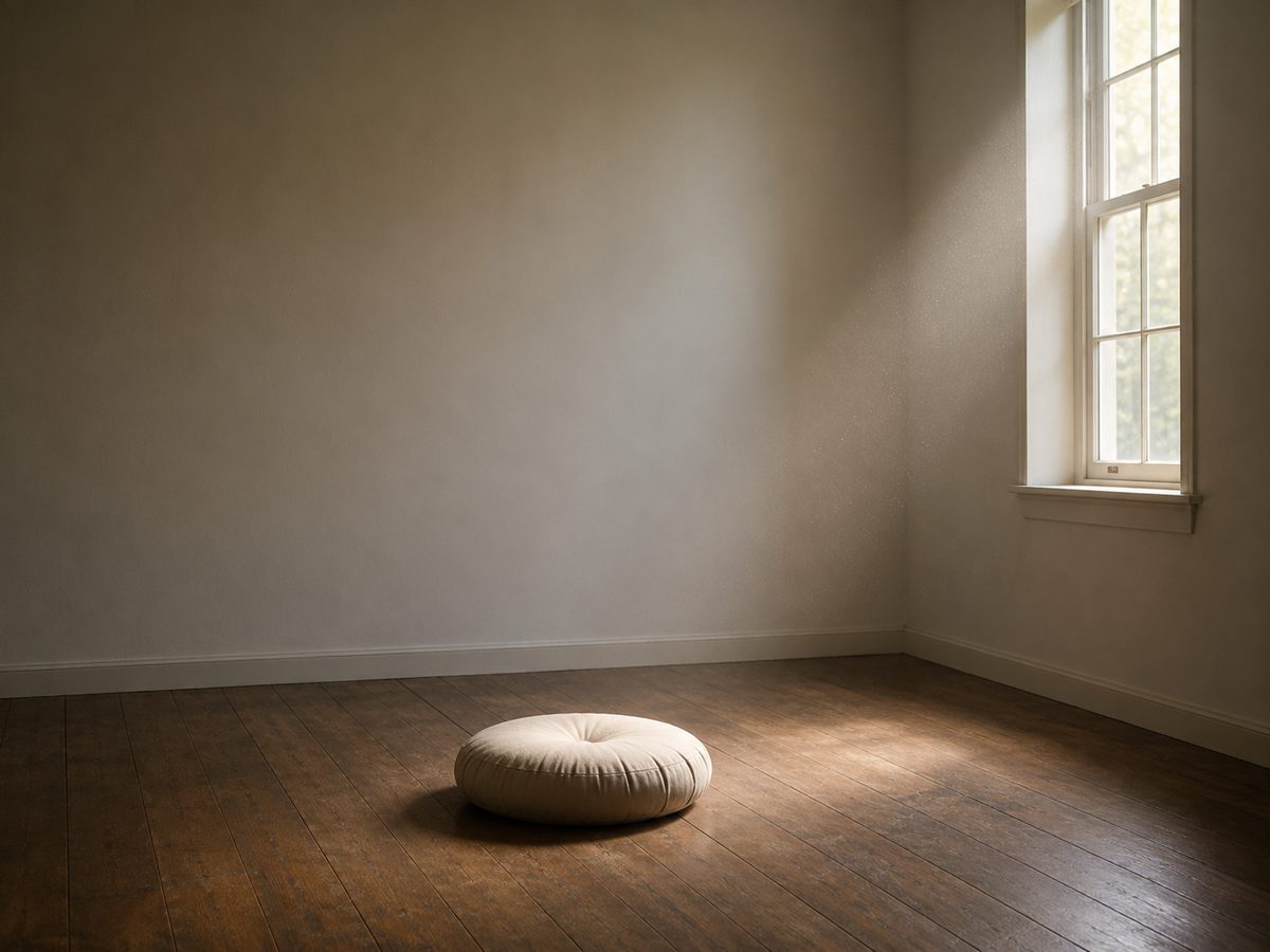 A single round cream floor cushion on dark wooden floorboards in an empty room, lit by daylight from a tall window