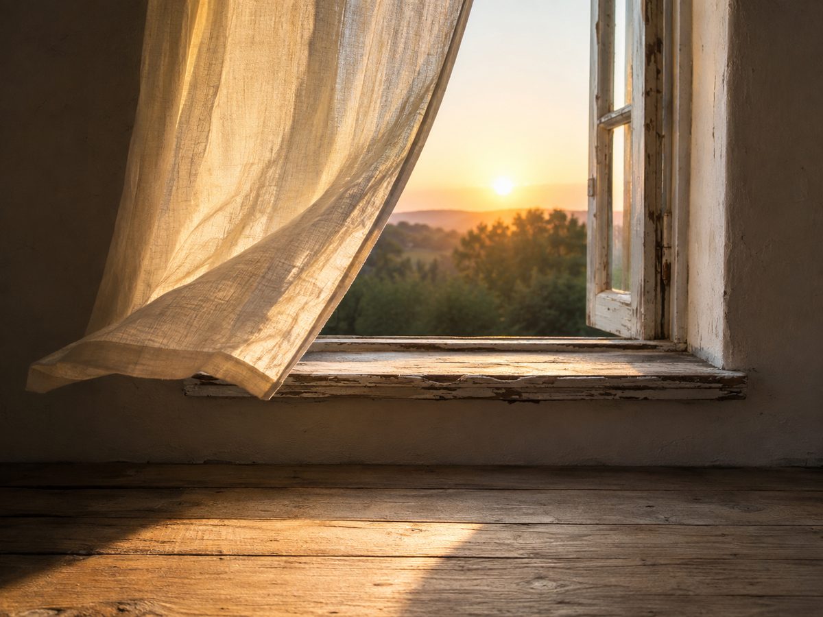 An open window at sunrise with a linen curtain lifting in the breeze, warm early light falling across a weathered wooden sill and floor