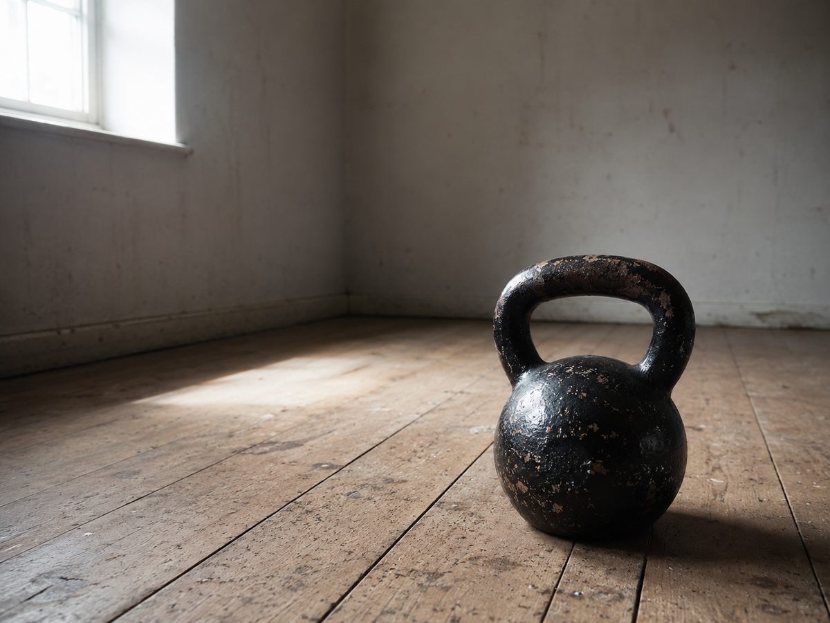 A worn cast-iron kettlebell with chipped paint resting on bare wooden floorboards in an empty room lit by a window