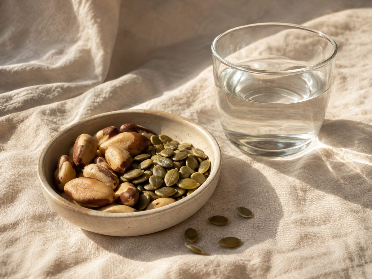 A shallow ceramic dish of Brazil nuts and pumpkin seeds on a linen cloth beside a glass of water, with a few seeds spilled onto the fabric