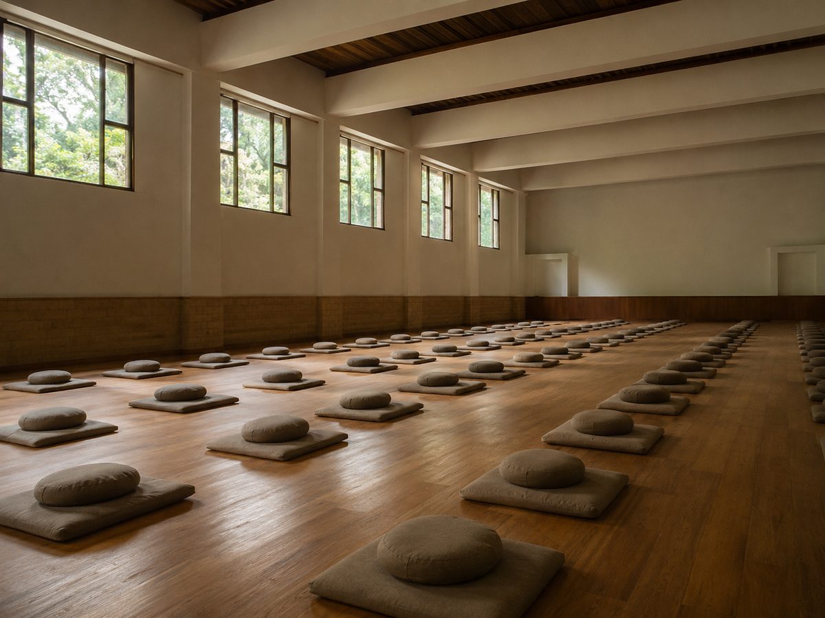 Rows of plain floor cushions laid out in neat lines across the wooden floor of a large empty meditation hall lit by high windows