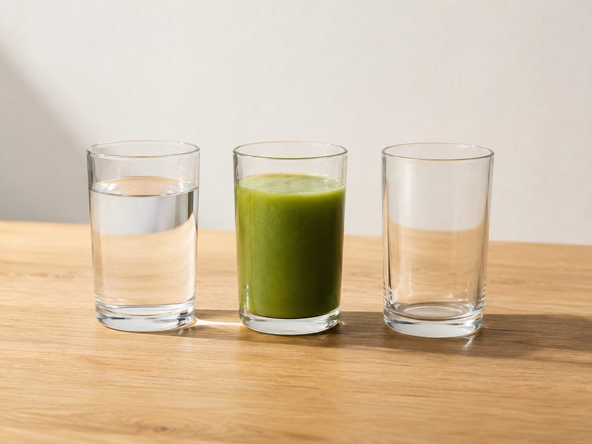 Three drinking glasses on a wooden table, one holding water, one holding green vegetable juice and one empty