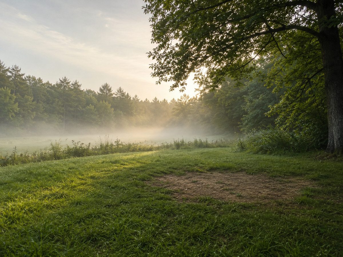 A quiet grassy clearing at the edge of woodland in soft early morning light, with mist low over the ground and a worn bare patch of earth beneath a large tree